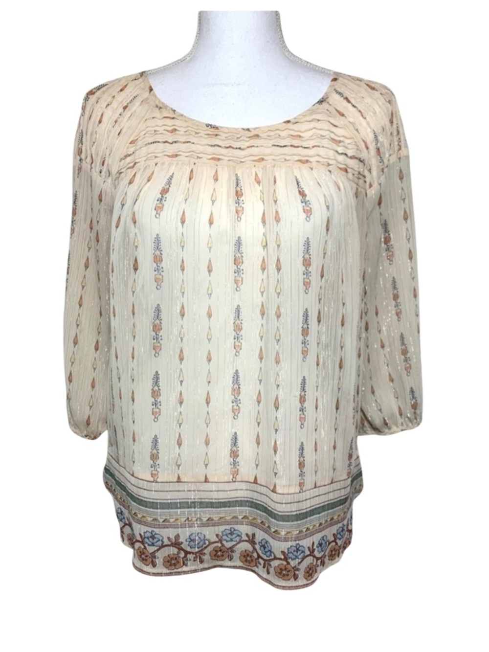 LC Lauren Conrad Cream Boho Floral Top‎ Blouse 3/4 Sleeves Women Medium